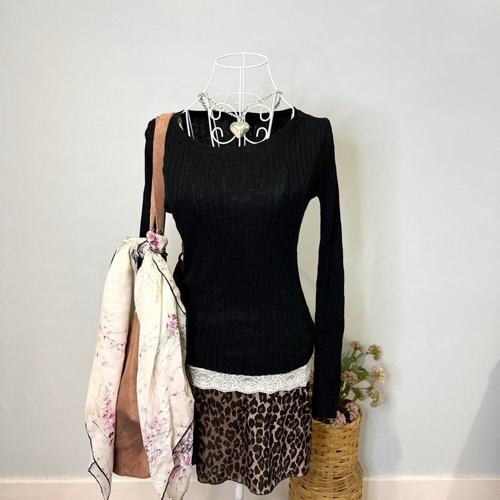 Cute vintage y2k tight black ribbed sweater long sleeve to
